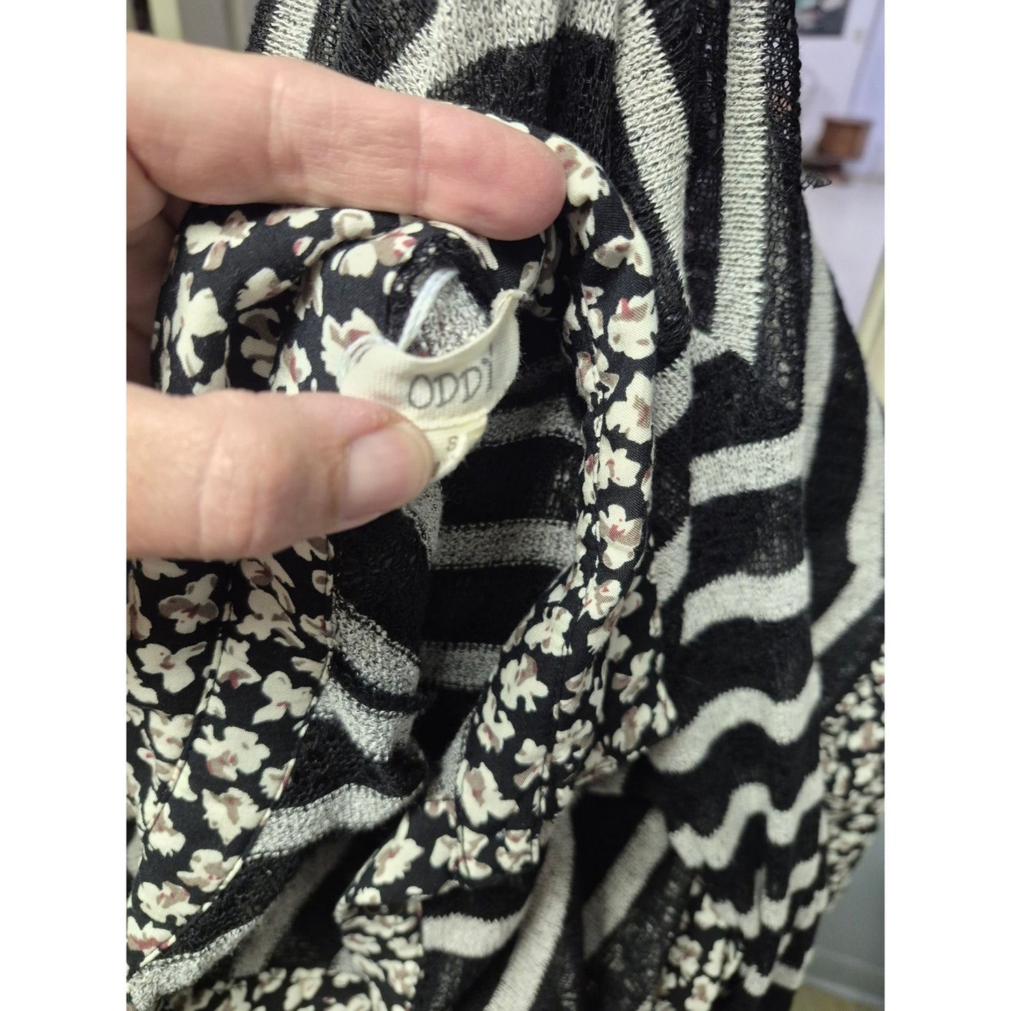 ODDY Black & White Striped and Floral Button-Down Blouse