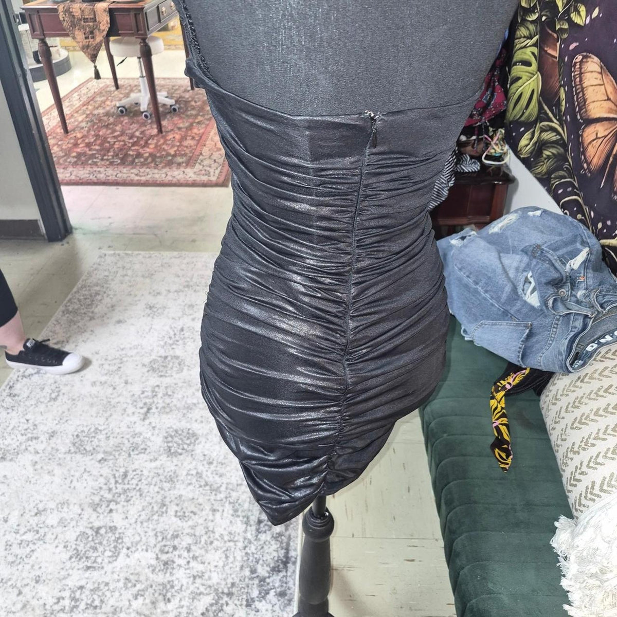 Black ruched mini dress with