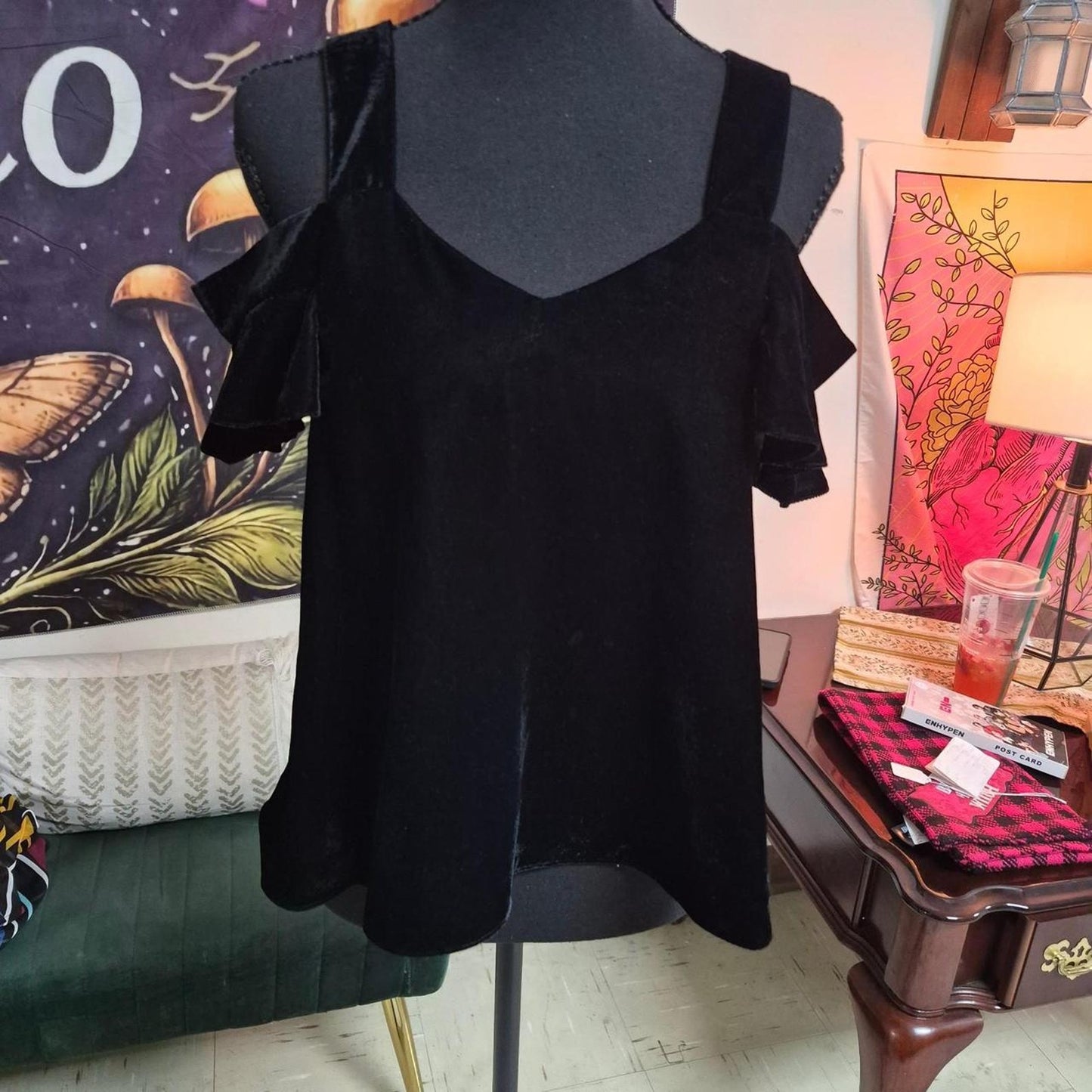 Black velvet blouse with ruffled