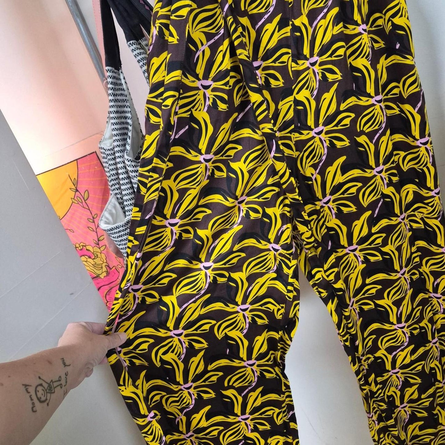Yellow floral print pants with