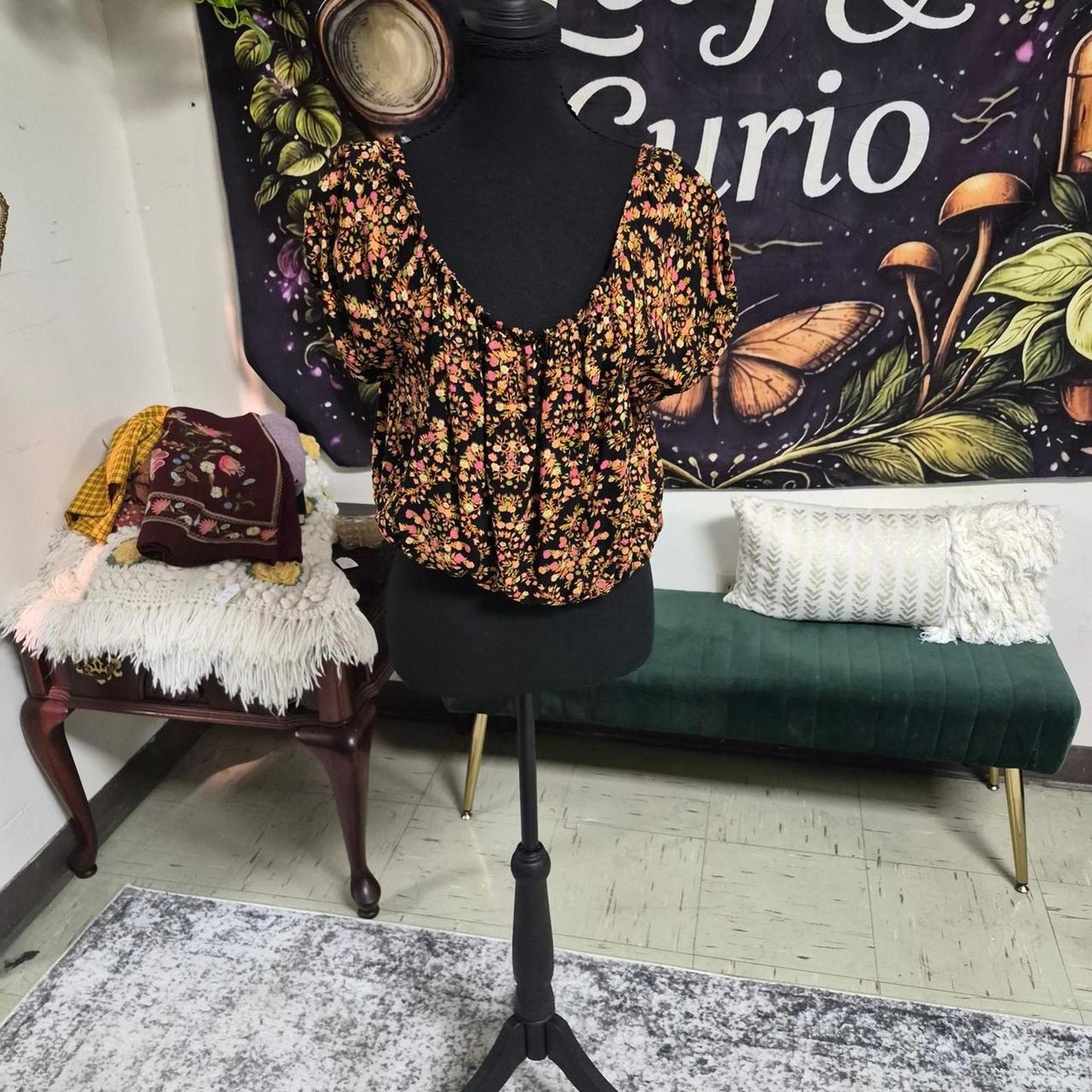 Black orange floral blouse