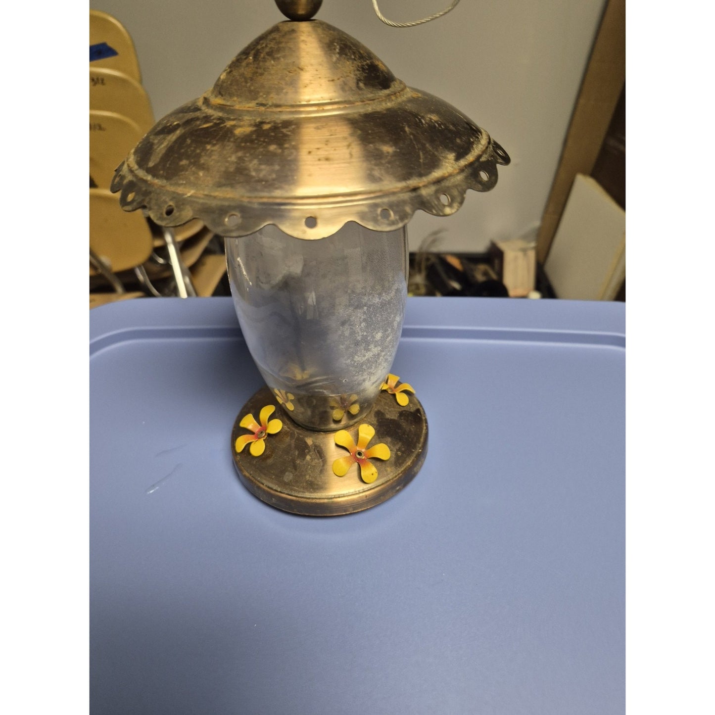 Vintage Hummingbird Nectar Feeder 4-Port 4 oz Hanging Brass/Clear Glass