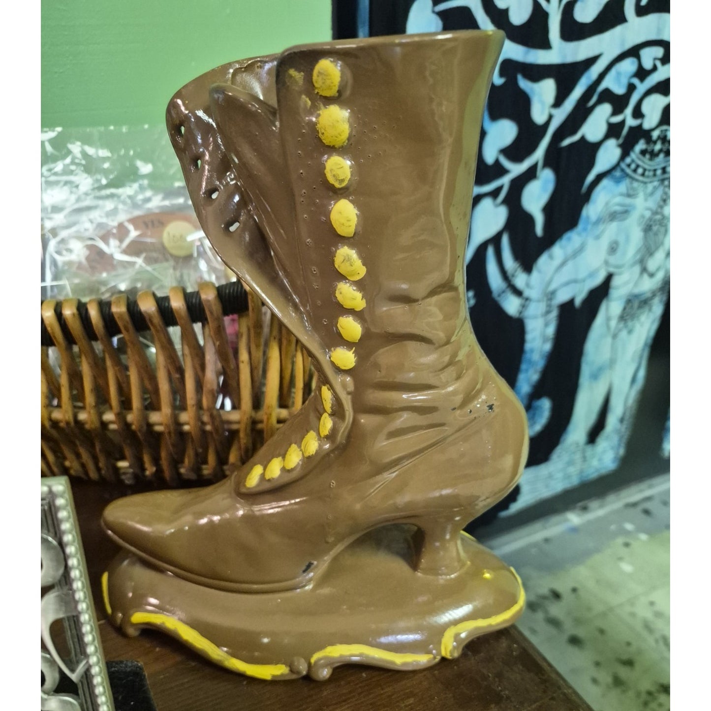 Ceramic Boot Figurine Brown/Yellow Glazed Contemporary Fashion Decor