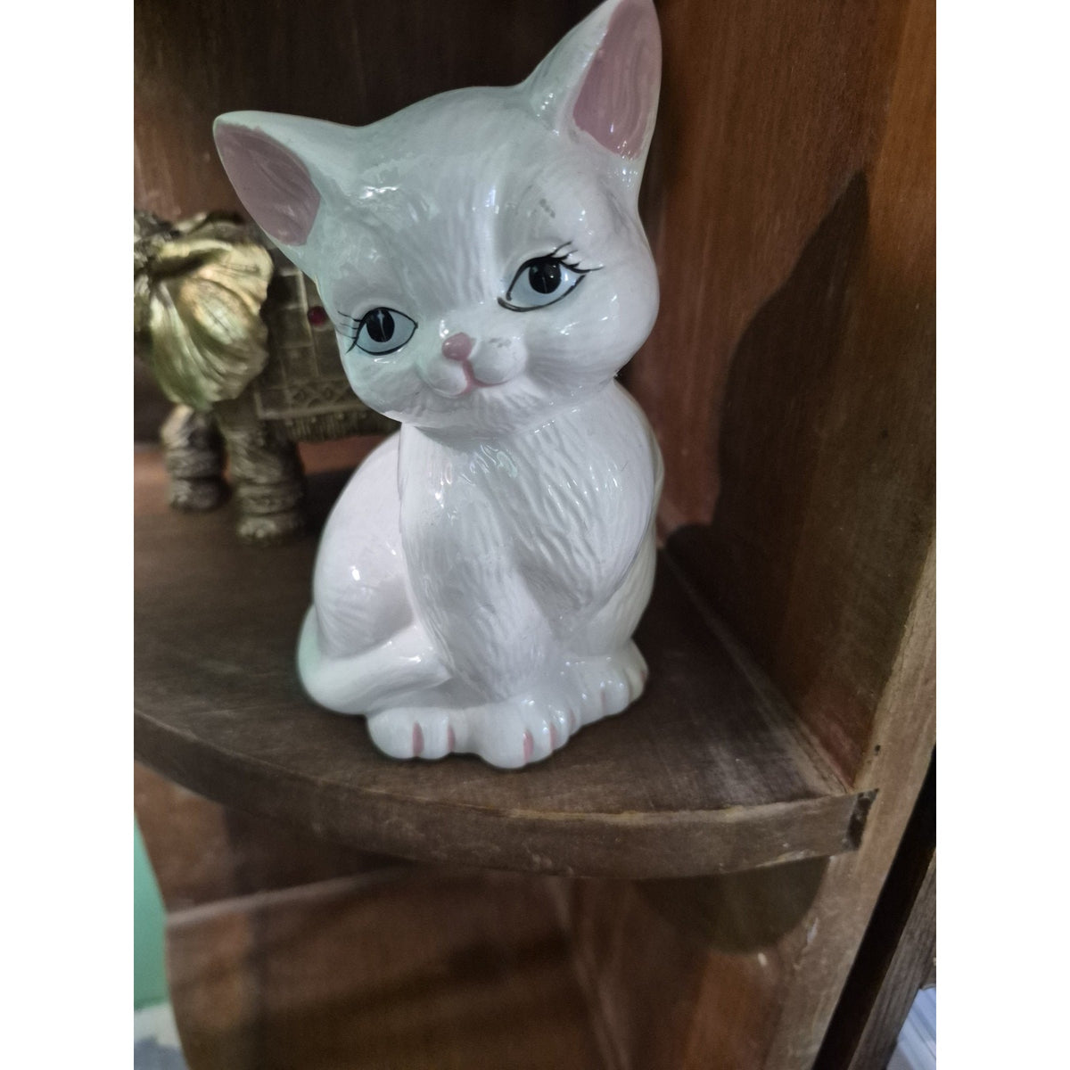 White Porcelain Cat Figurine, White Cat with Pink Ears Decorative Figurine