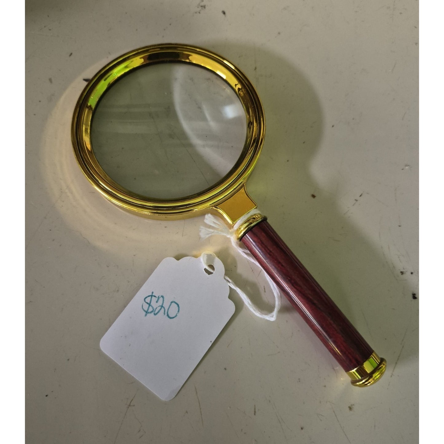 Gold Tone Frame Handheld Magnifying Glass with Red Handle Desktop Item
