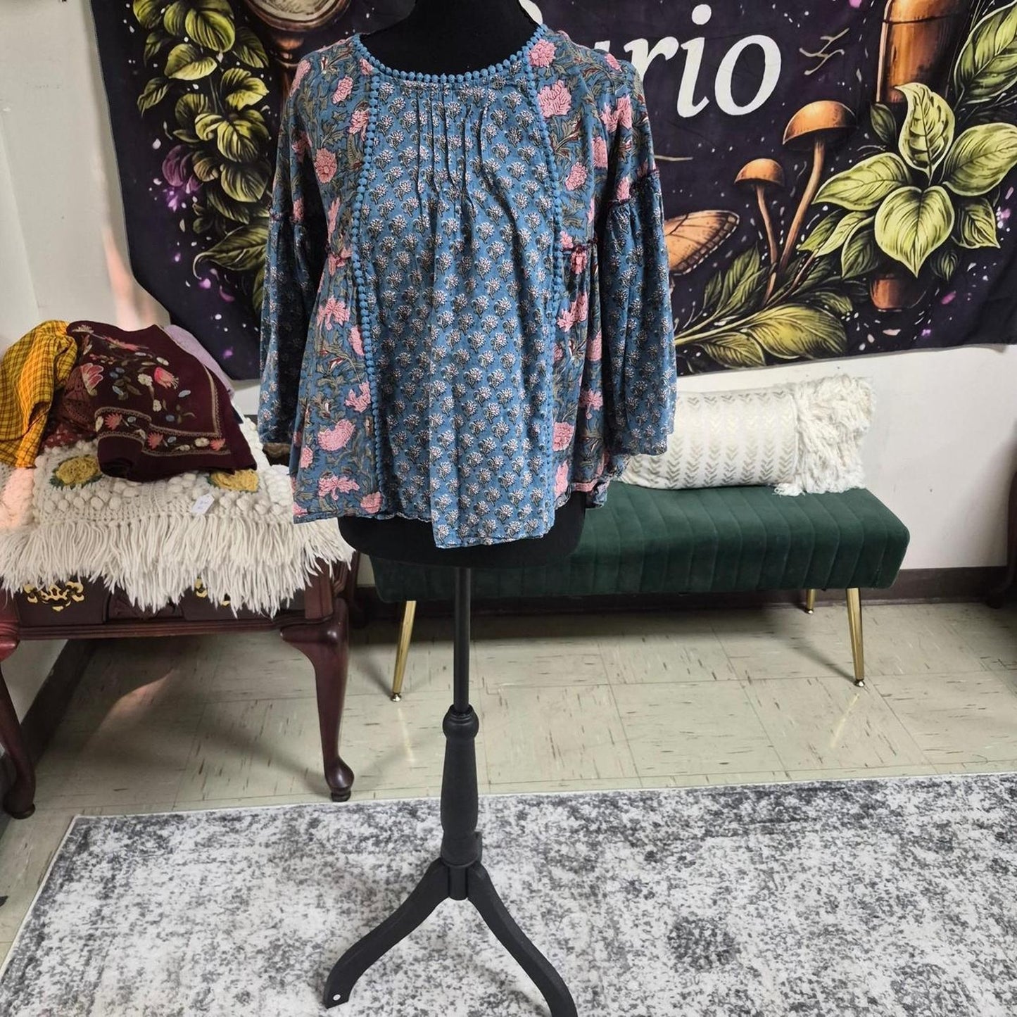 Blue pink floral blouse