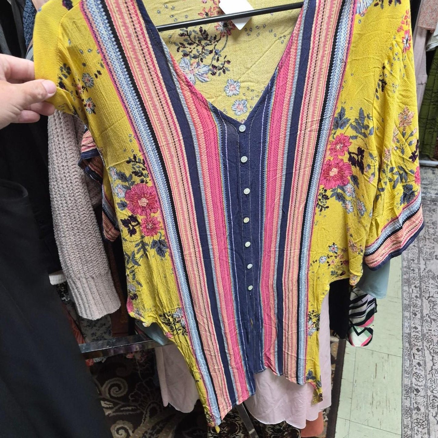Yellow floral blouse with pink
