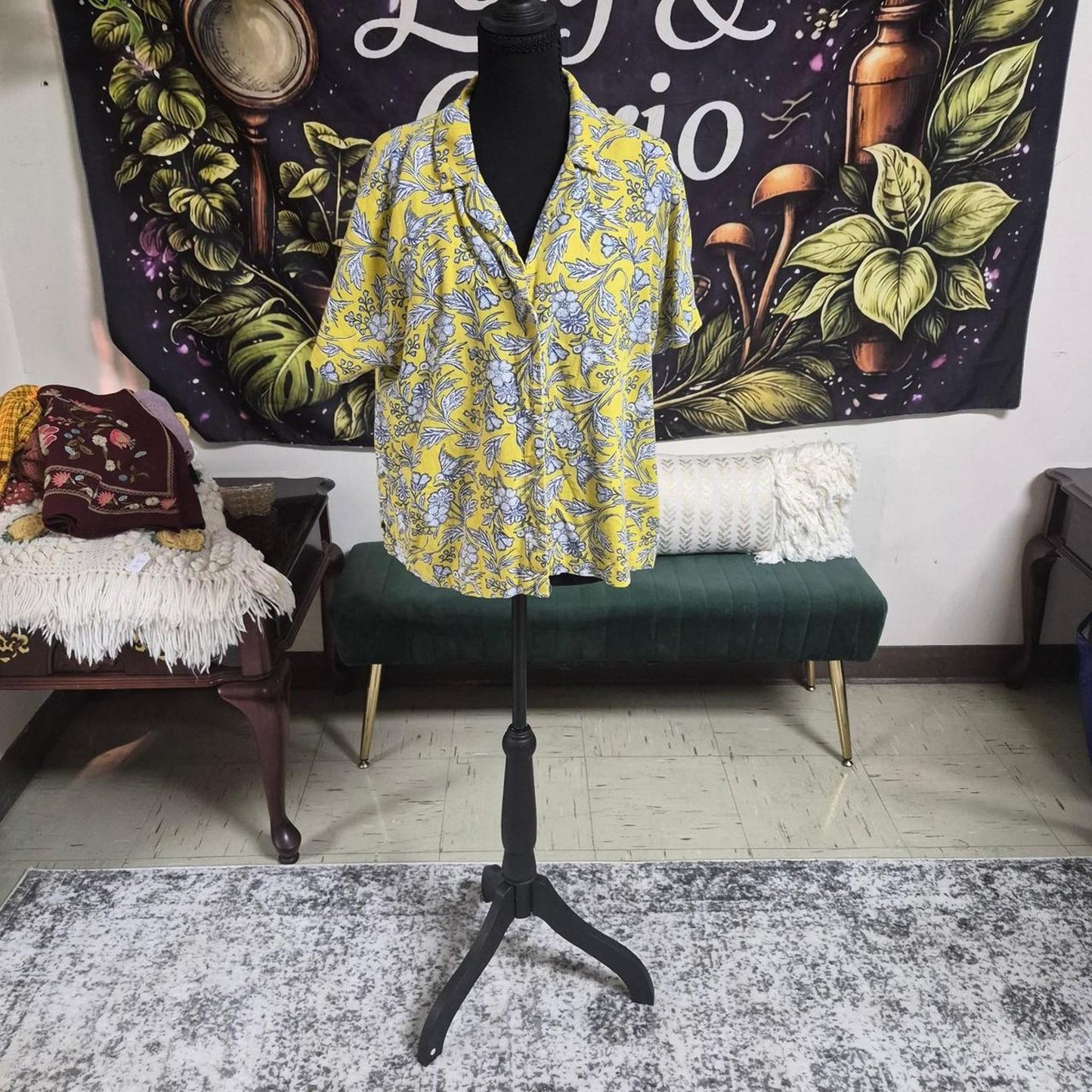 Yellow blue floral button up