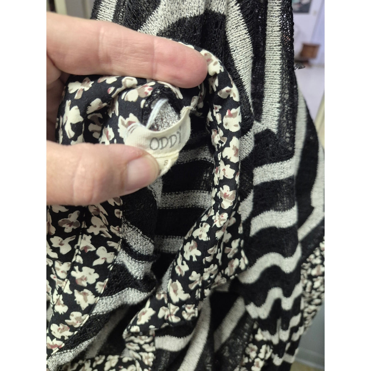 ODDY Black & White Striped and Floral Button-Down Blouse
