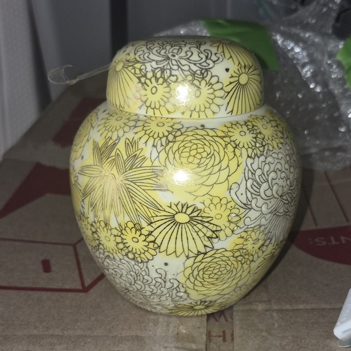 Small Yellow & White Floral Porcelain Lidded Jar Vase, Glossy Finish