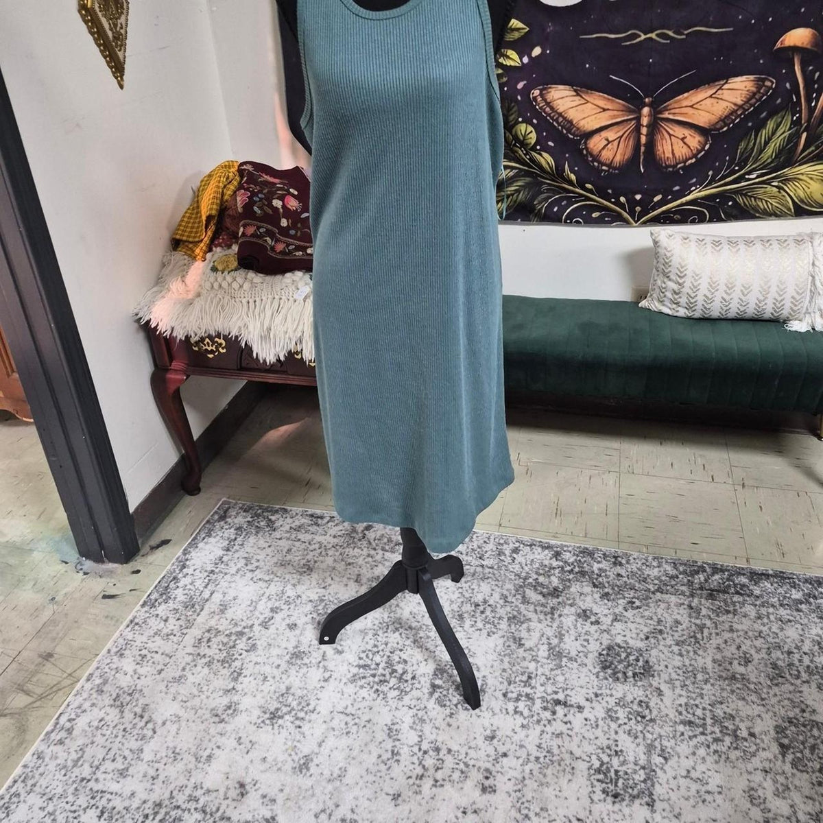 green ribbed knit sleeveless dress