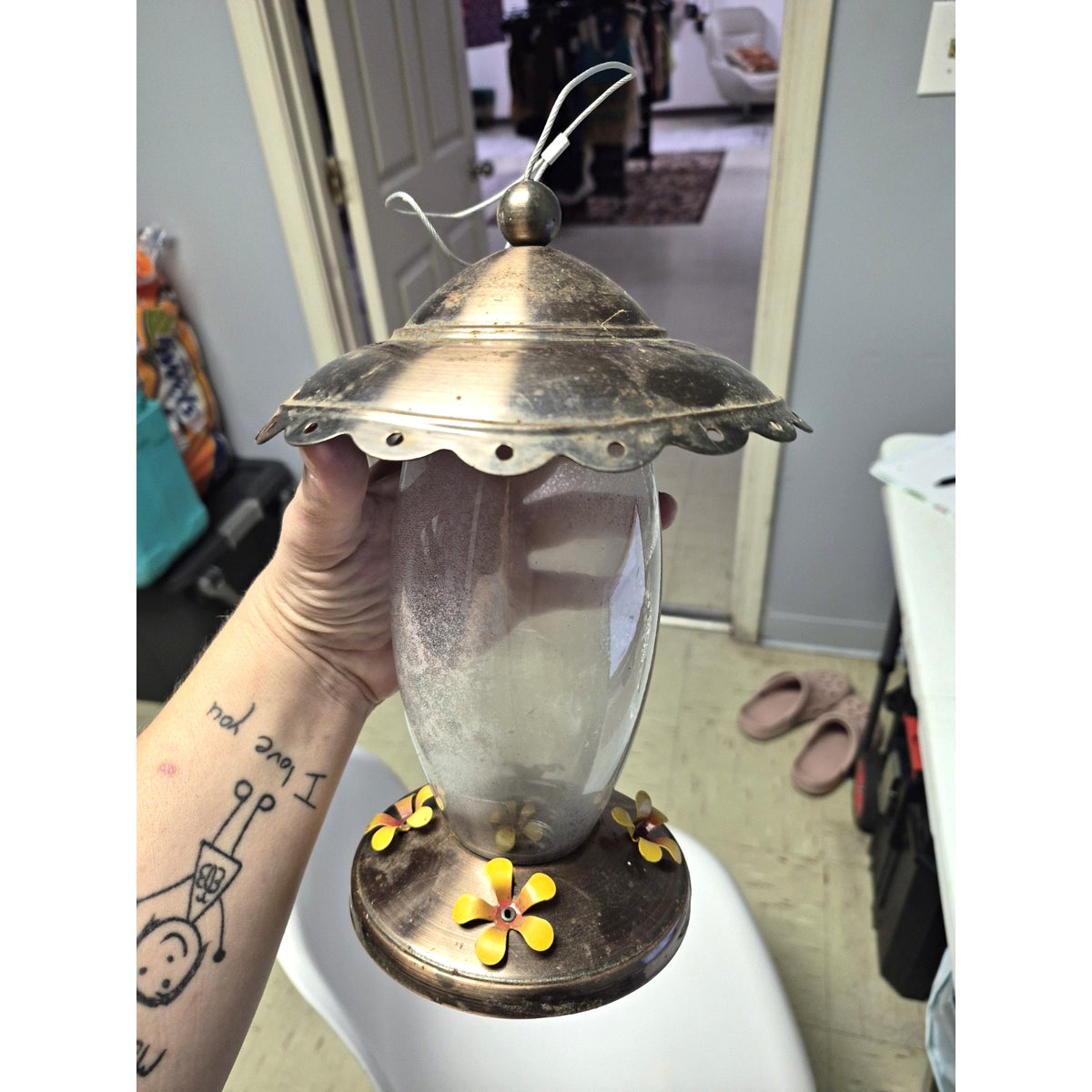 Vintage Hummingbird Nectar Feeder 4-Port 4 oz Hanging Brass/Clear Glass
