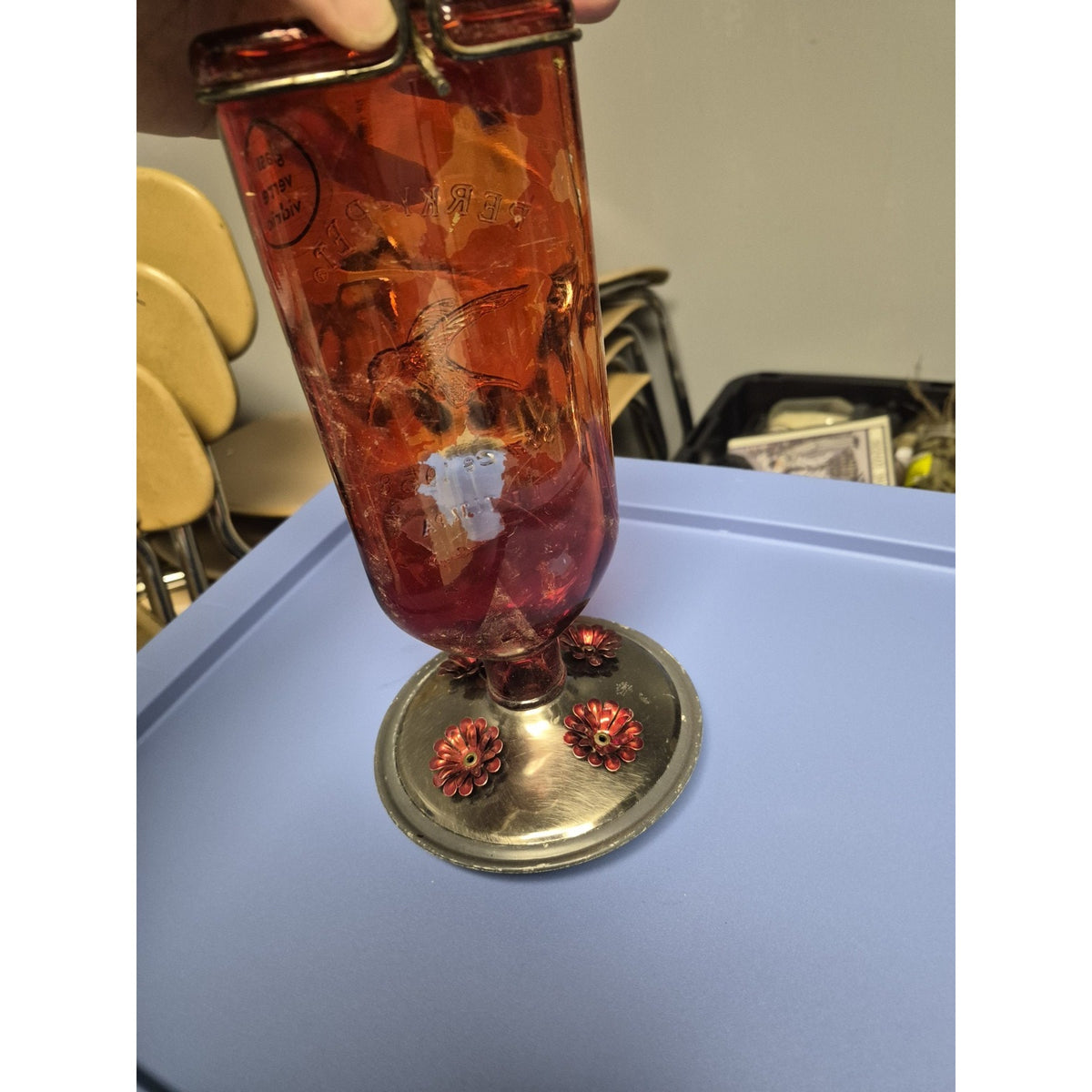 AntiquePerky-Pet Red Glass & Metal Hanging Hummingbird Nectar Feeder. Paint Fade