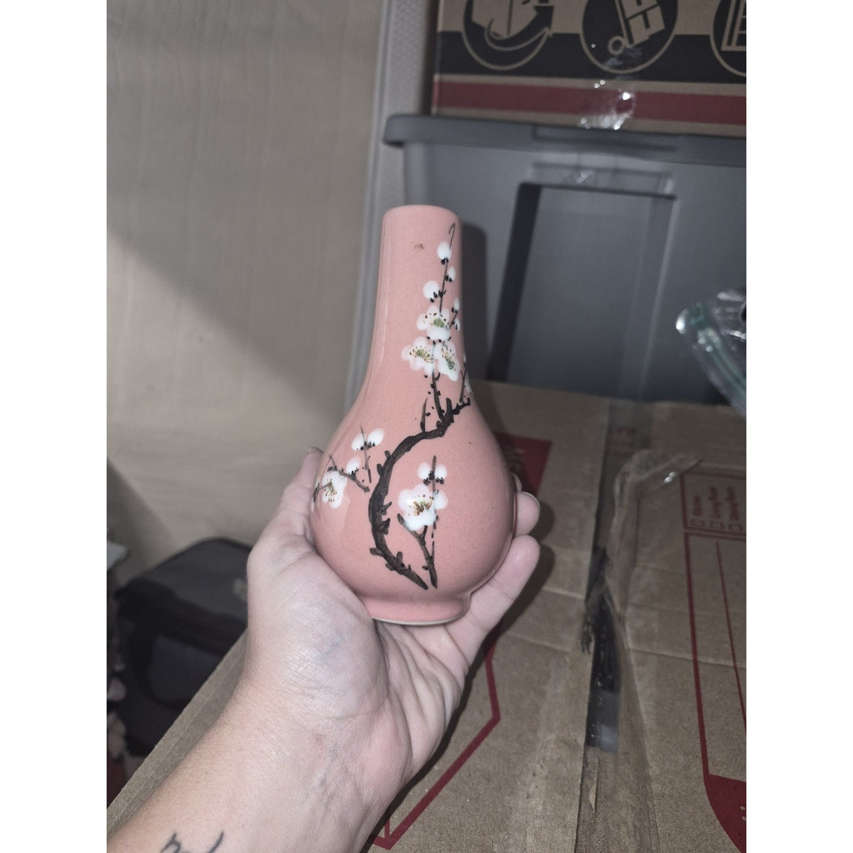 Unmarked Hand Painted Pink Ceramic Floral Vase, Asian, Signed 梅吐清香