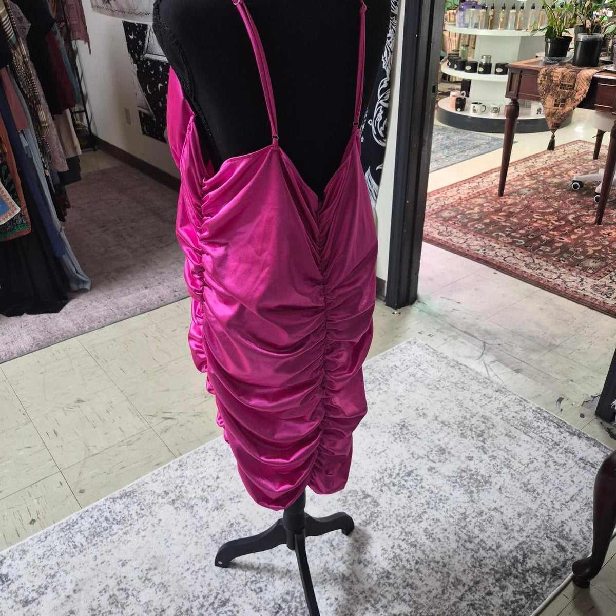 Pink satin ruched mini dress