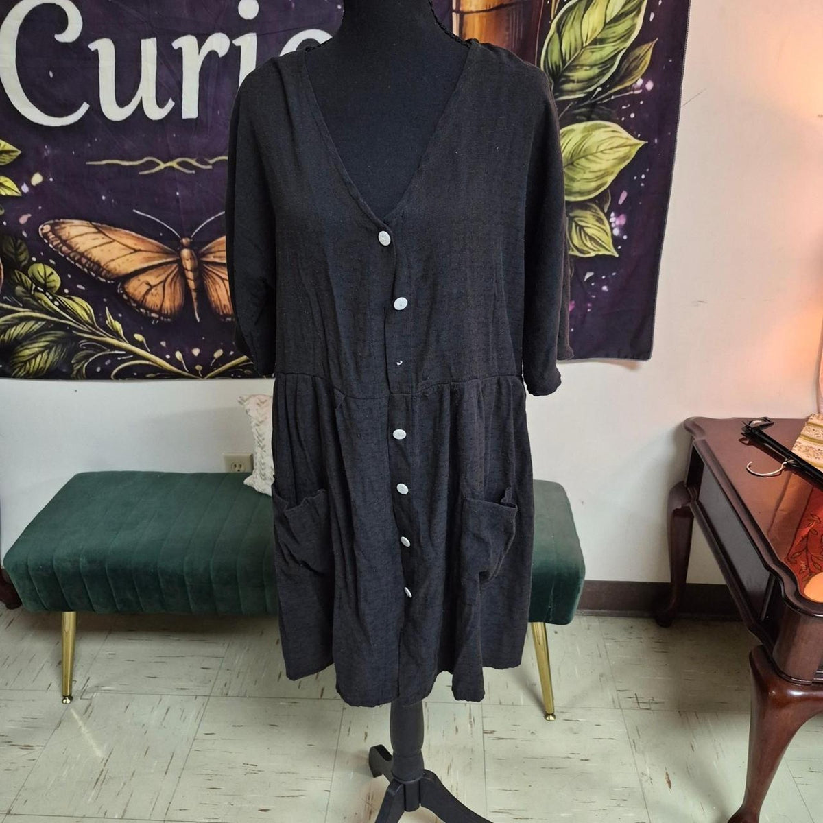 Black linen button up dress