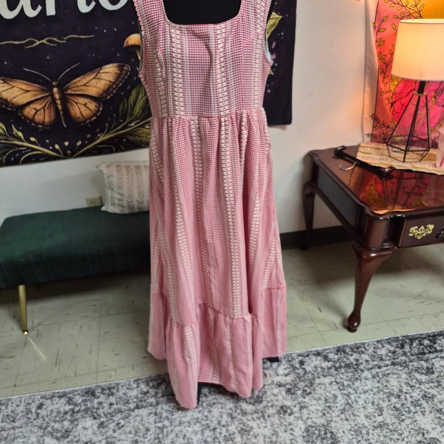 Pink and white gingham maxi