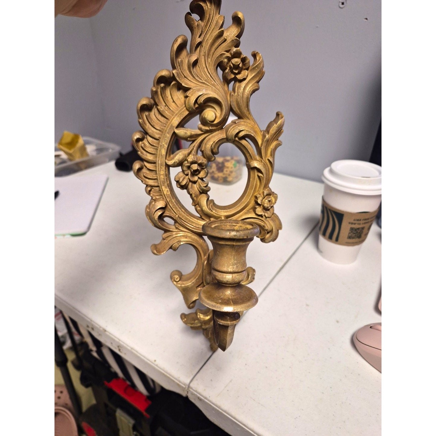 Gold Tone Ornate Floral Plastic Wall Mounted Candle Holder