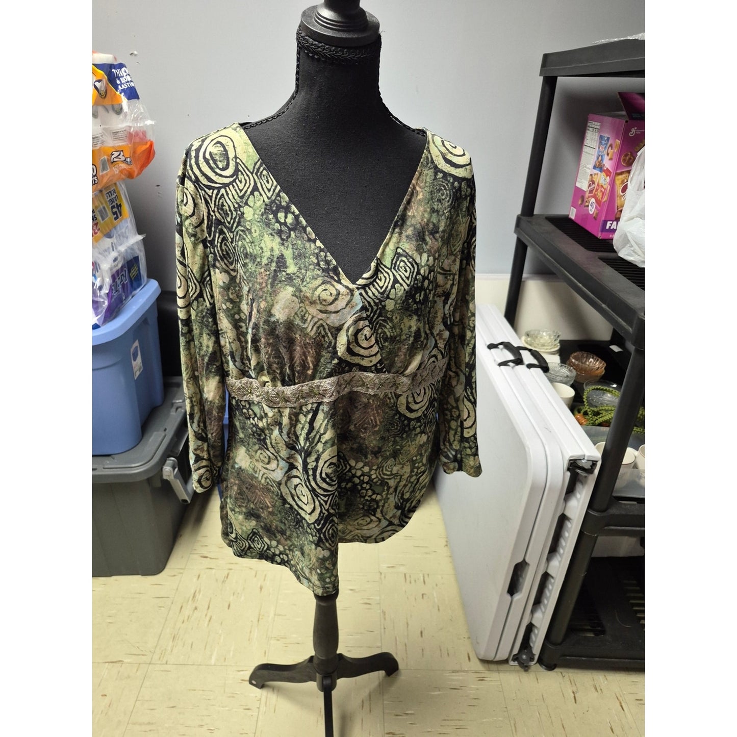 Style & Co. Olive Green Abstract V-Neck Blouse