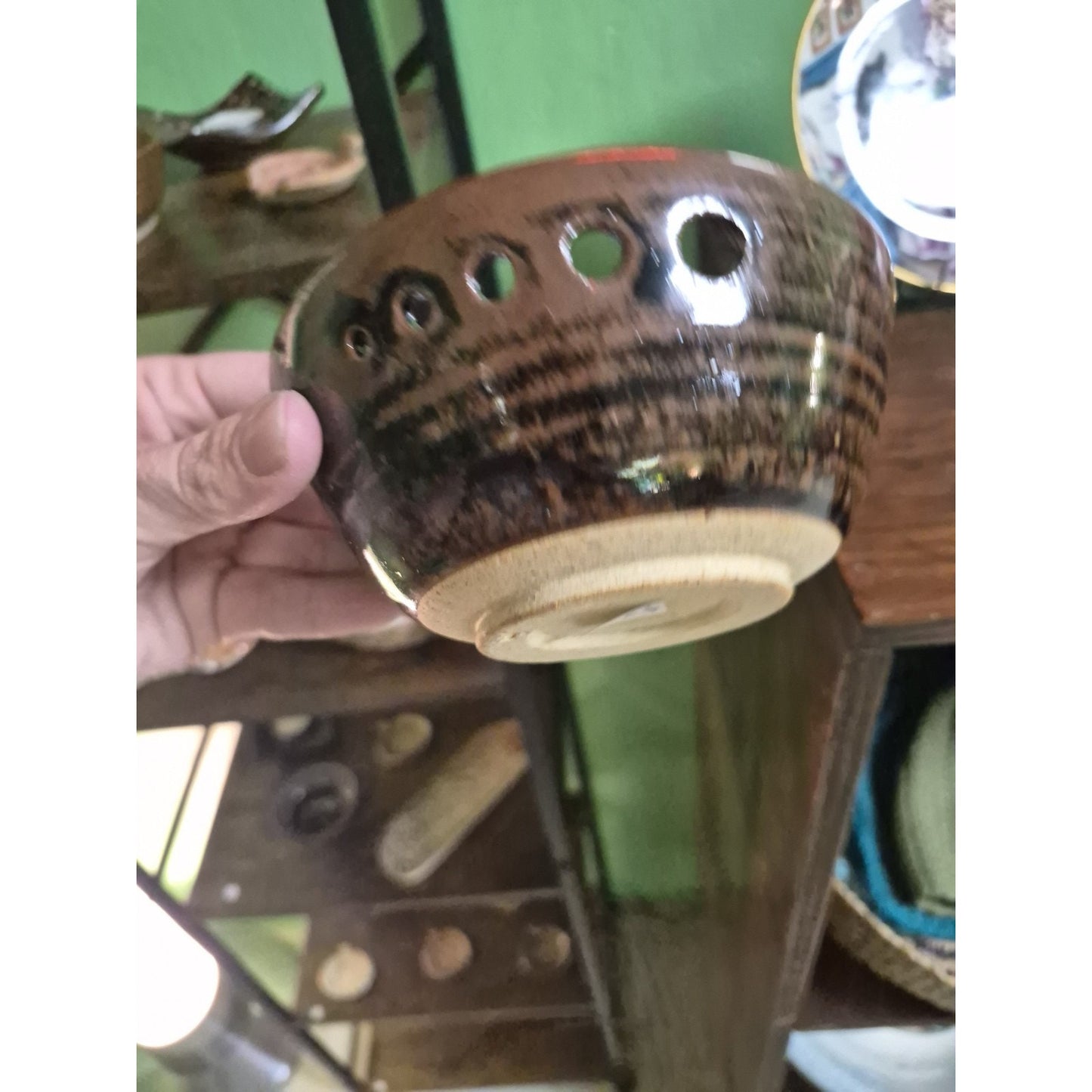Brown Black Tan Glossy Pottery Herb Stripper Bowl Round Holes One-Piece