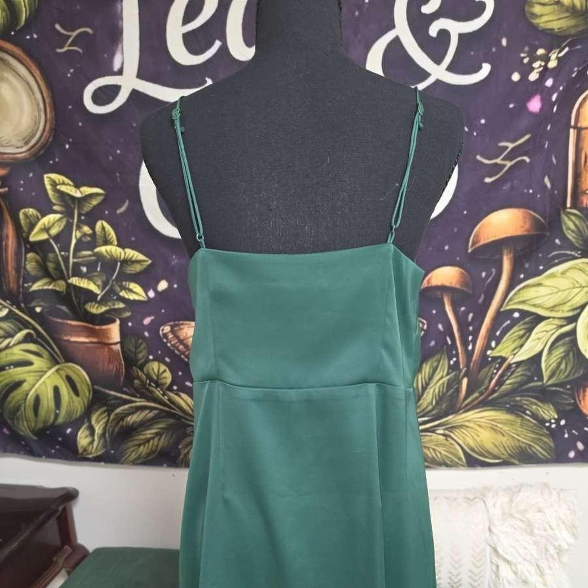 Green silk slip dress with