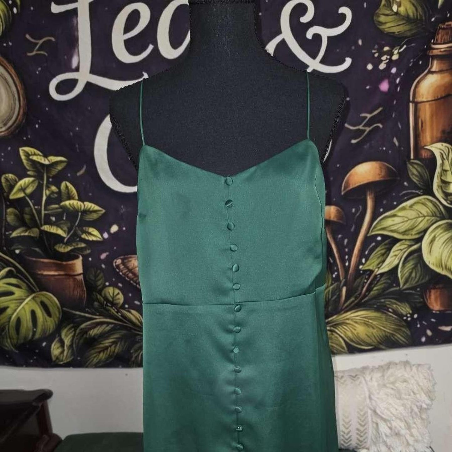 Green silk slip dress with