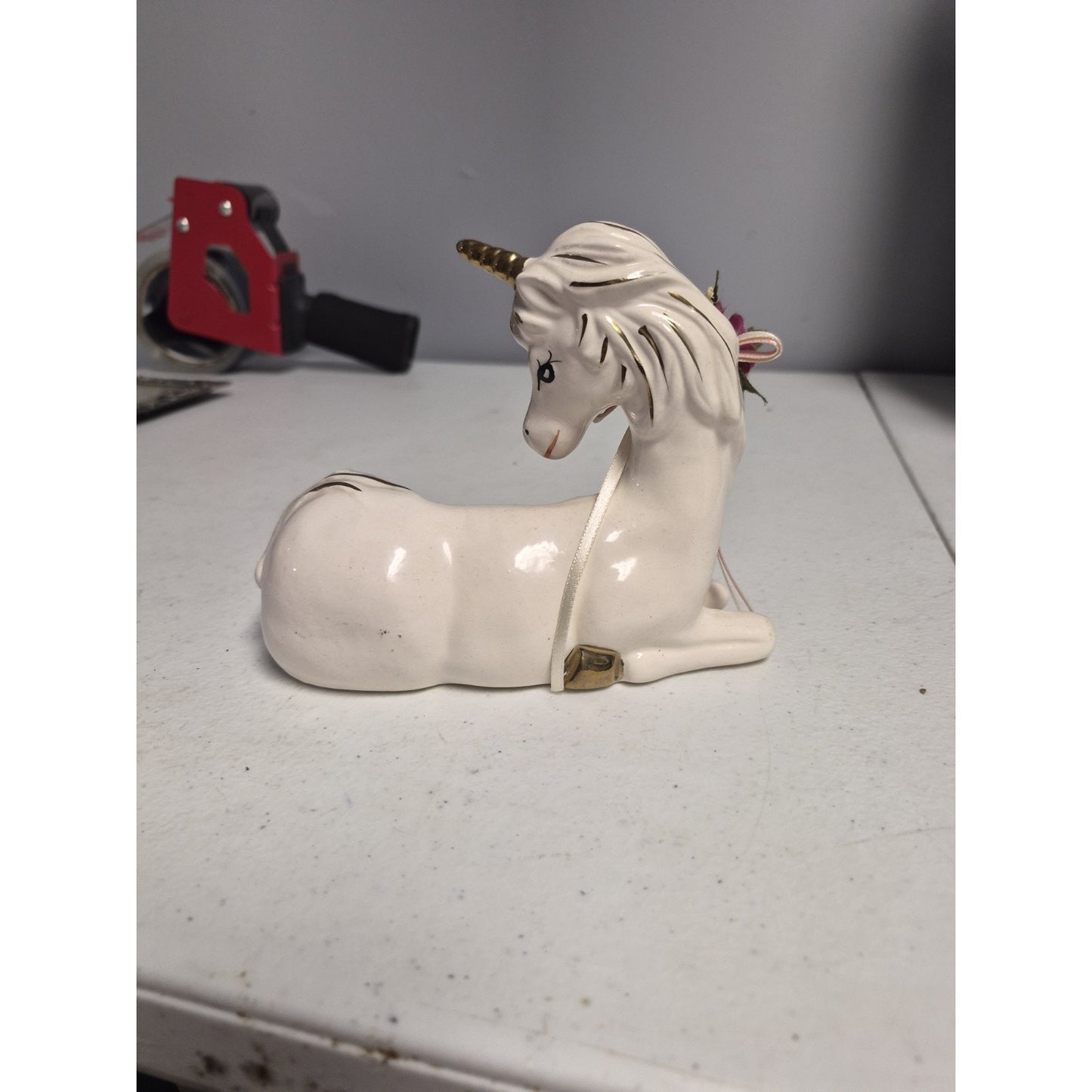 White Unicorn Figurine Fantasy Decor with Gold Horn Accents & Pink Flowers