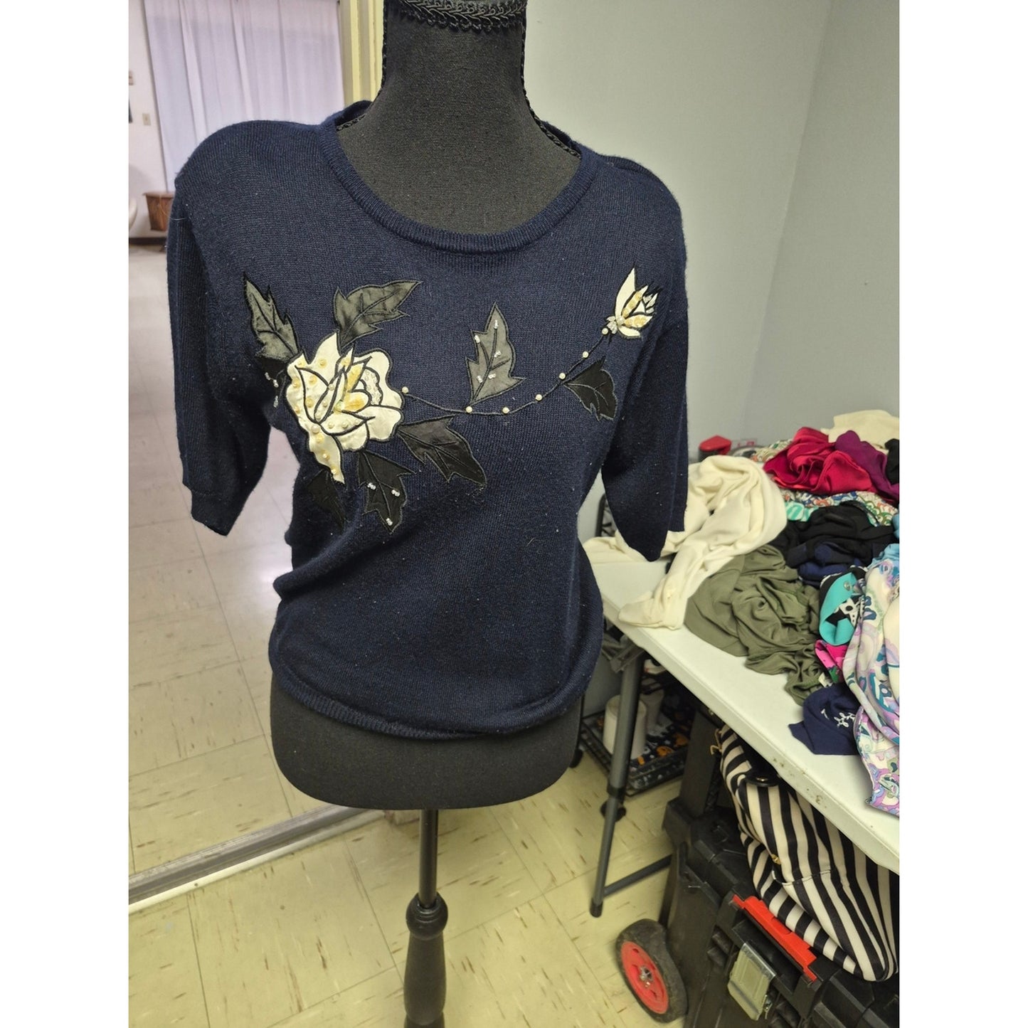 Navy Floral Appliqué Short-Sleeve Crew Neck Top