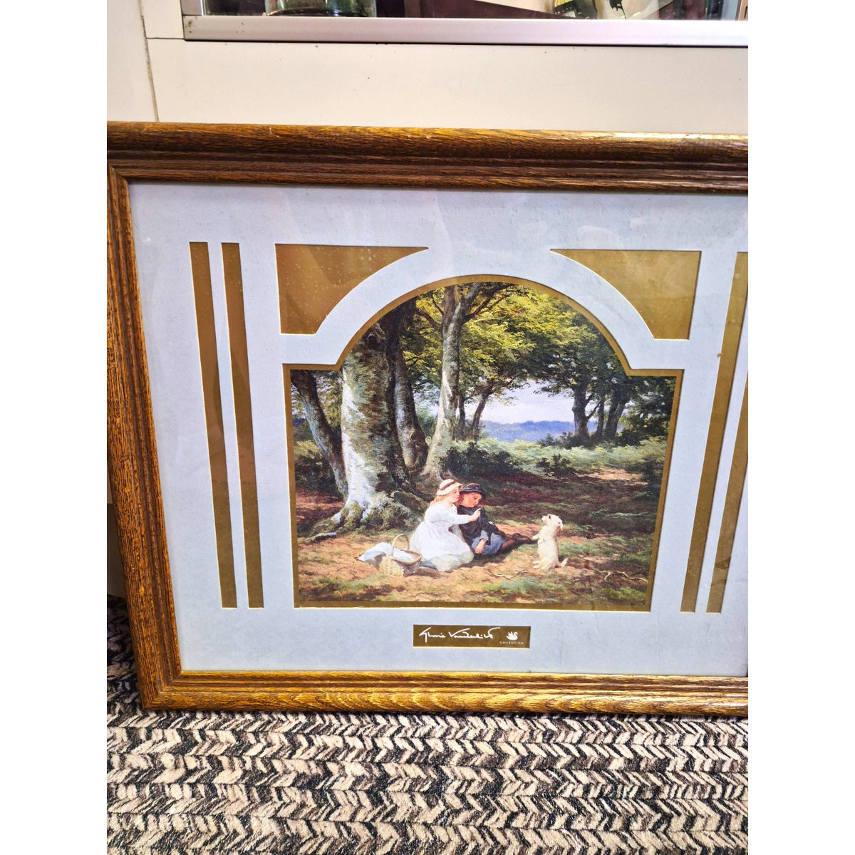 Gloria Vanderbilt Framed Matted Realism Landscape Print Children Dog Trees Paper