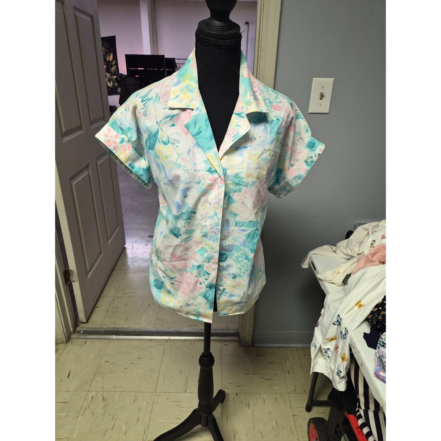 Pastel Floral Short Sleeve Button-Down Blouse
