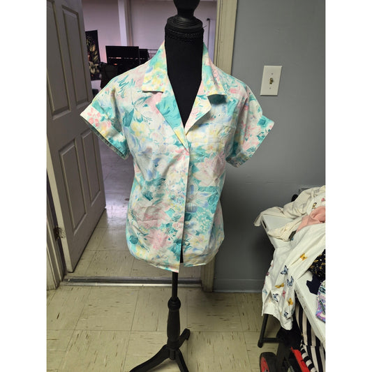 Pastel Floral Short Sleeve Button-Down Blouse