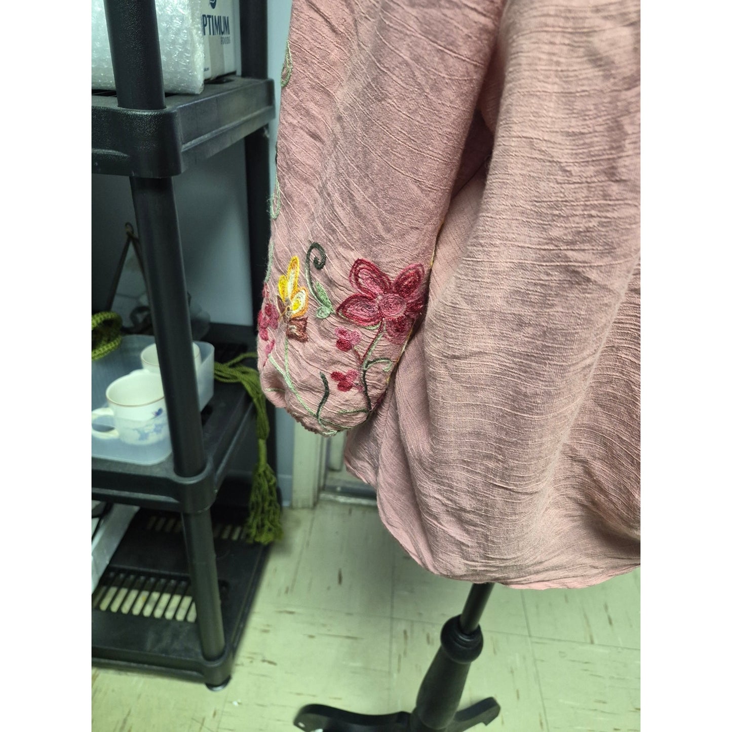 Boho Tie-Neck Embroidered Sleeve Blouse — Dusty Rose