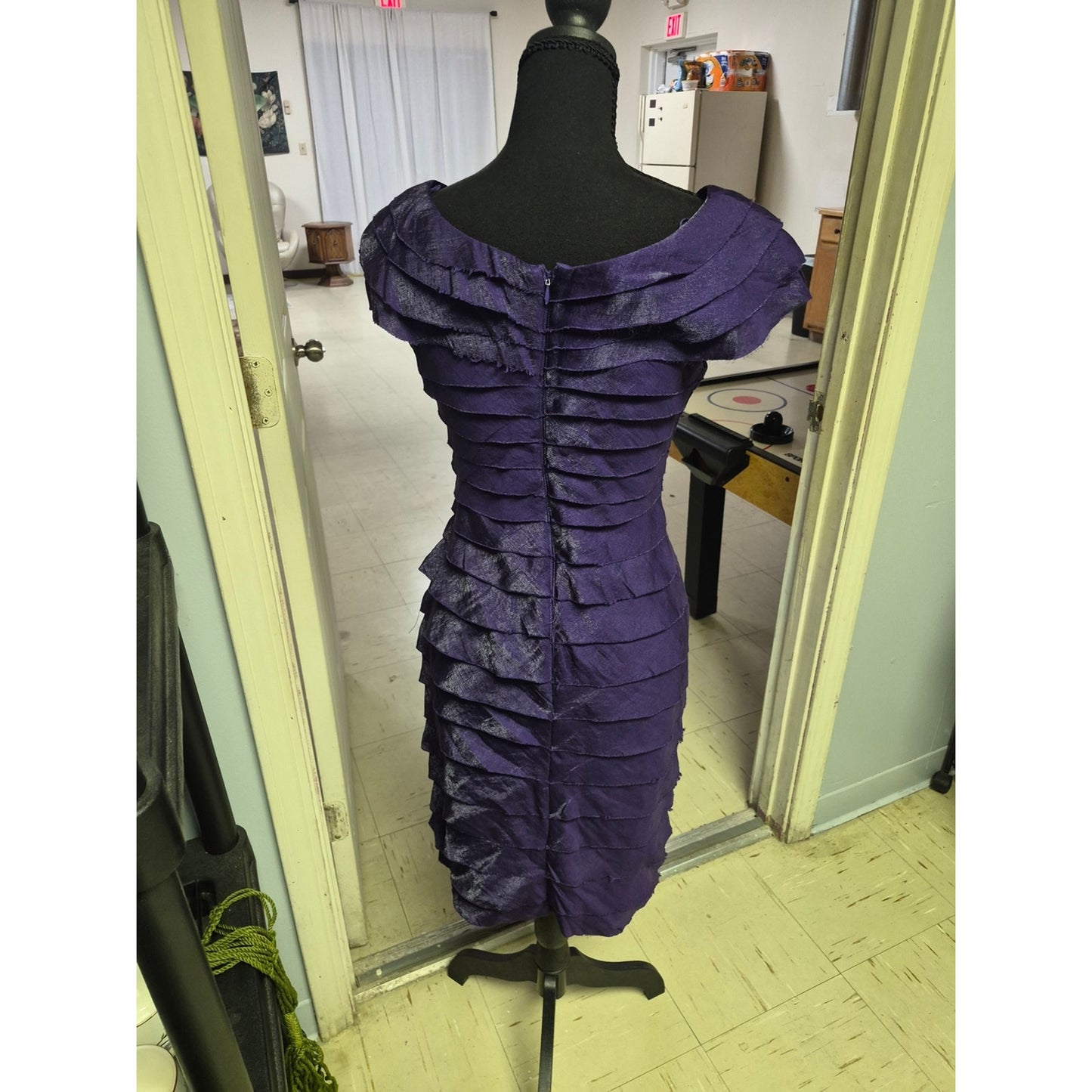 London Times Purple Tiered Ruffle Sheath Dress with Rosette