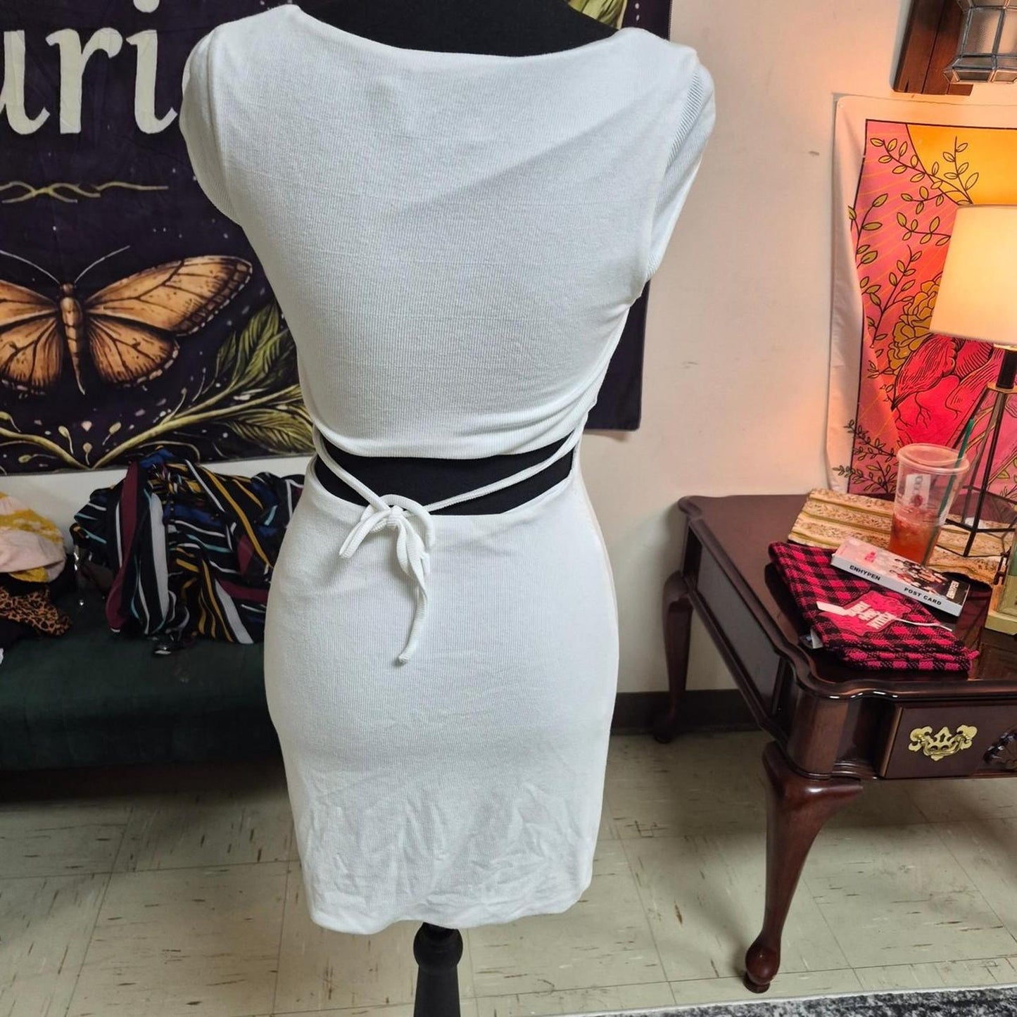 White mini dress with black