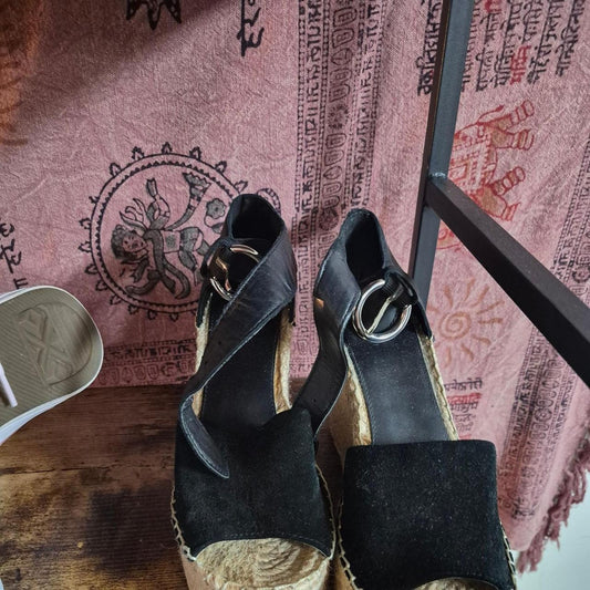 Black suede espadrille wedges with