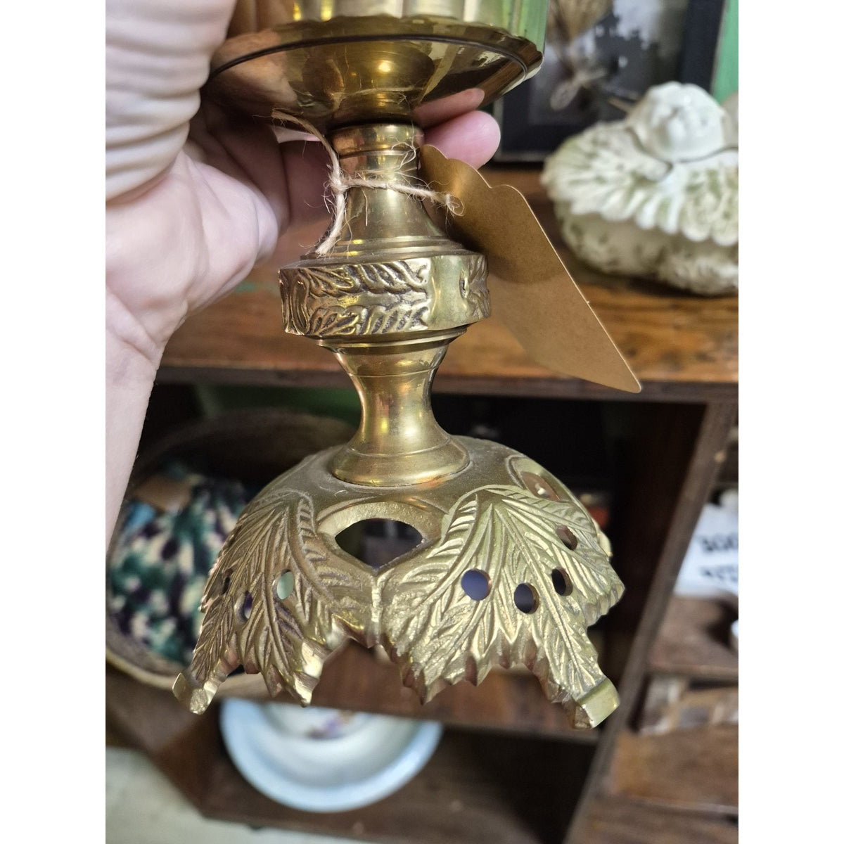 Clear Swirl Textured Glass Hurricane Candle Holder, Gold Tone Leaf Metal Base