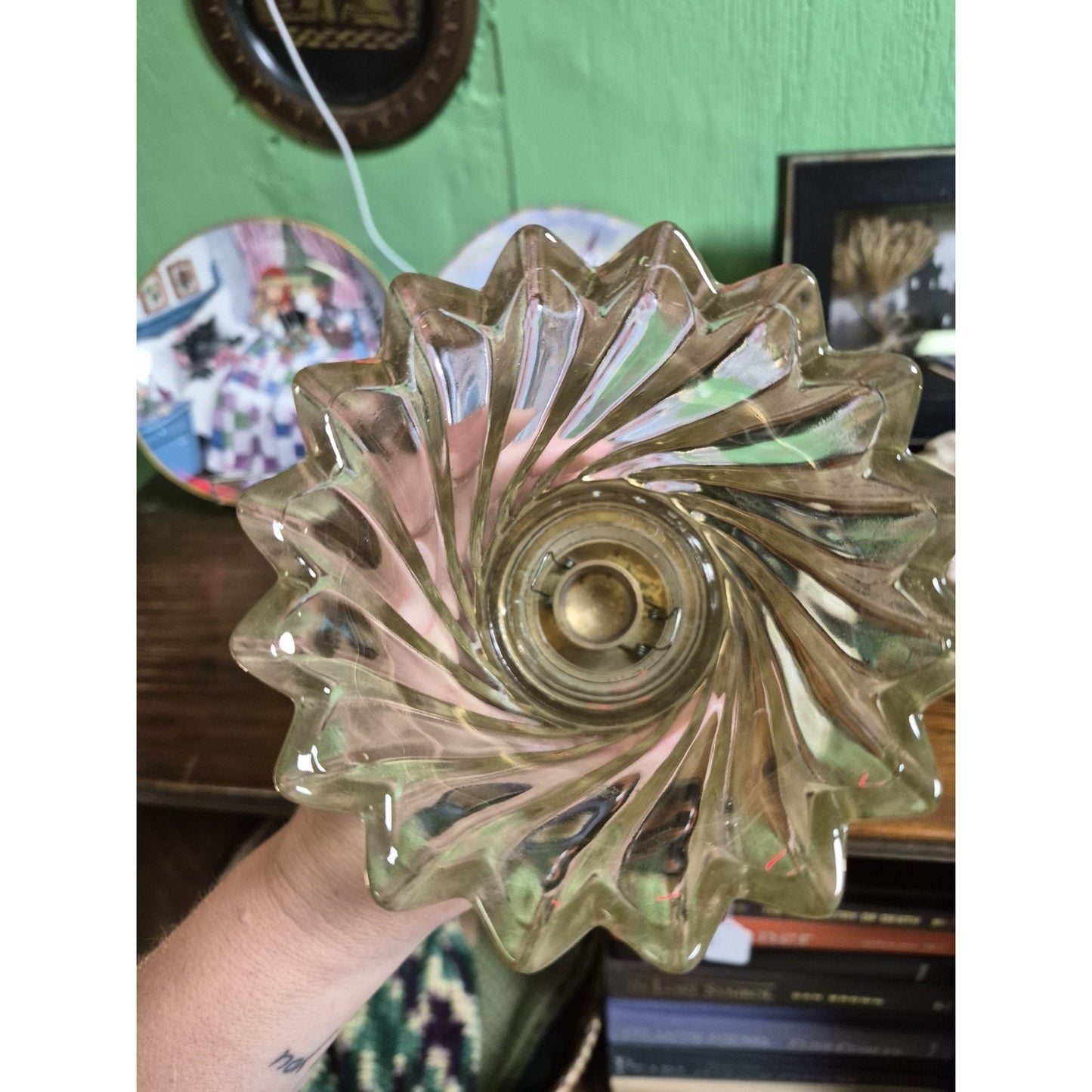 Clear Swirl Textured Glass Hurricane Candle Holder, Gold Tone Leaf Metal Base