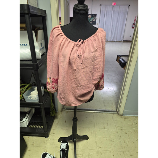 Boho Tie-Neck Embroidered Sleeve Blouse — Dusty Rose