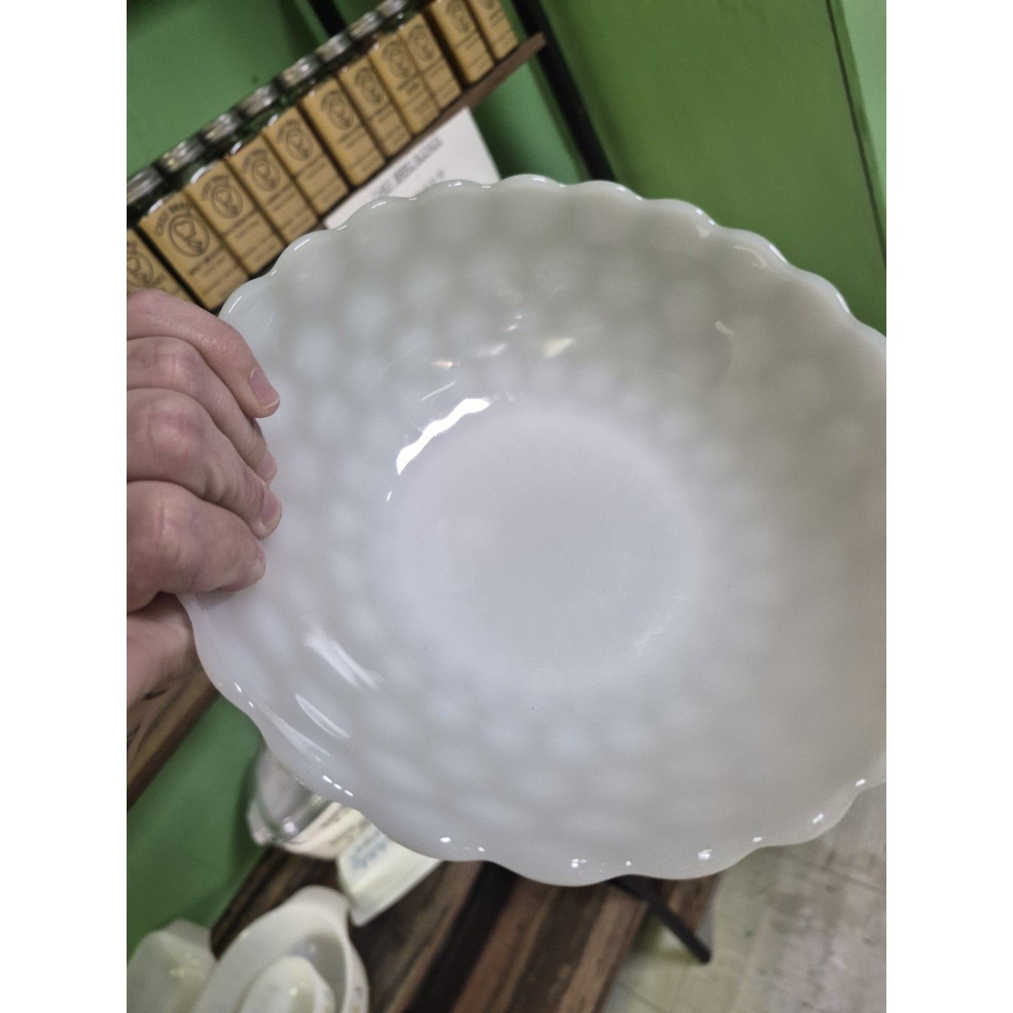 White Hobnail Milk Glass Round Serving Bowl with Scalloped Rim, Glossy