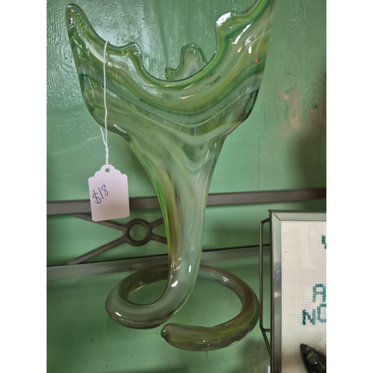 Unmarked Green & White Swirl Art Glass Vase, Glossy Decorative Finish