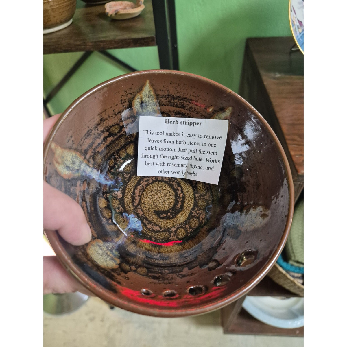 Brown Black Tan Glossy Pottery Herb Stripper Bowl Round Holes One-Piece