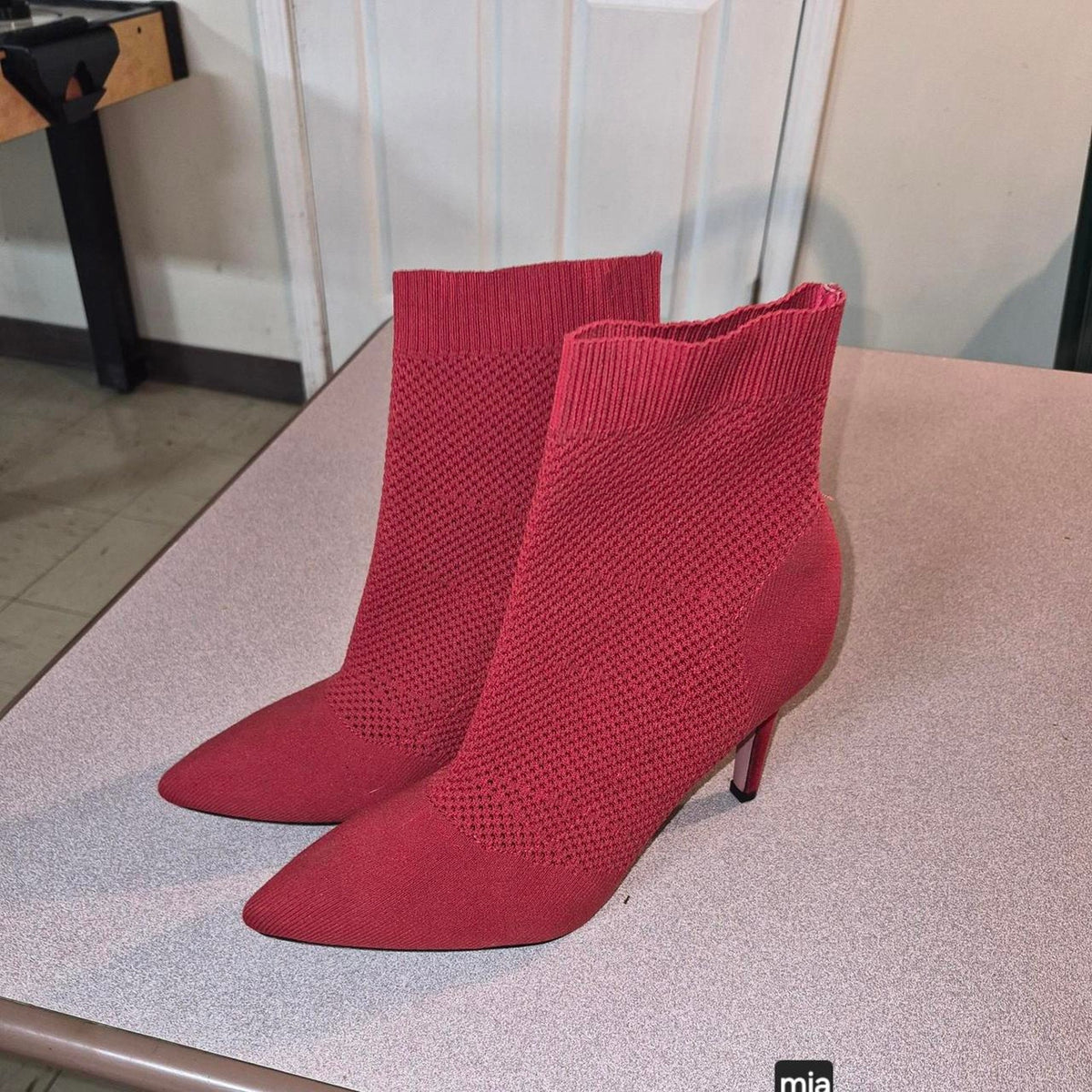 Red knit ankle boots with