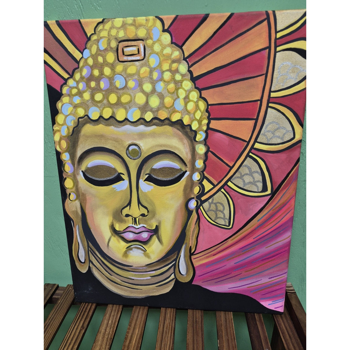 Buddha Face Canvas Painting Pink & Gold Contemporary Religious Art Unframed