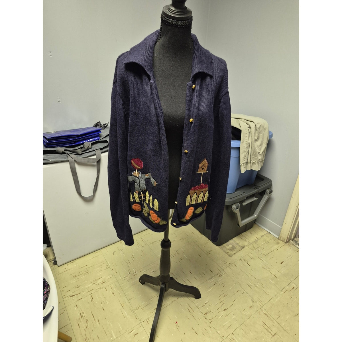 Navy Embroidered Button-Front Knit Blazer