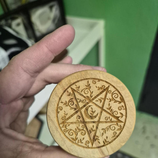 Wooden pentagram with crescent moon