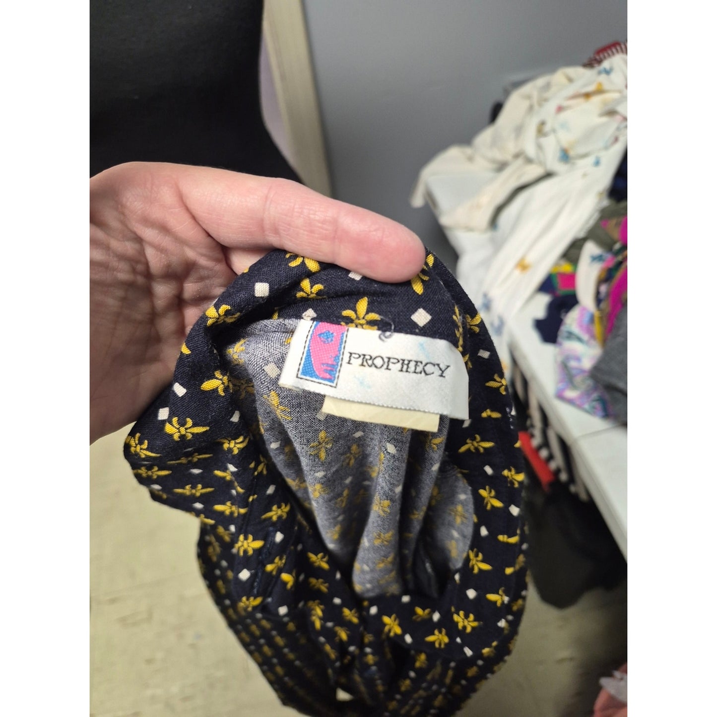 Navy Button-Up Shirt with Yellow Fleur Pattern