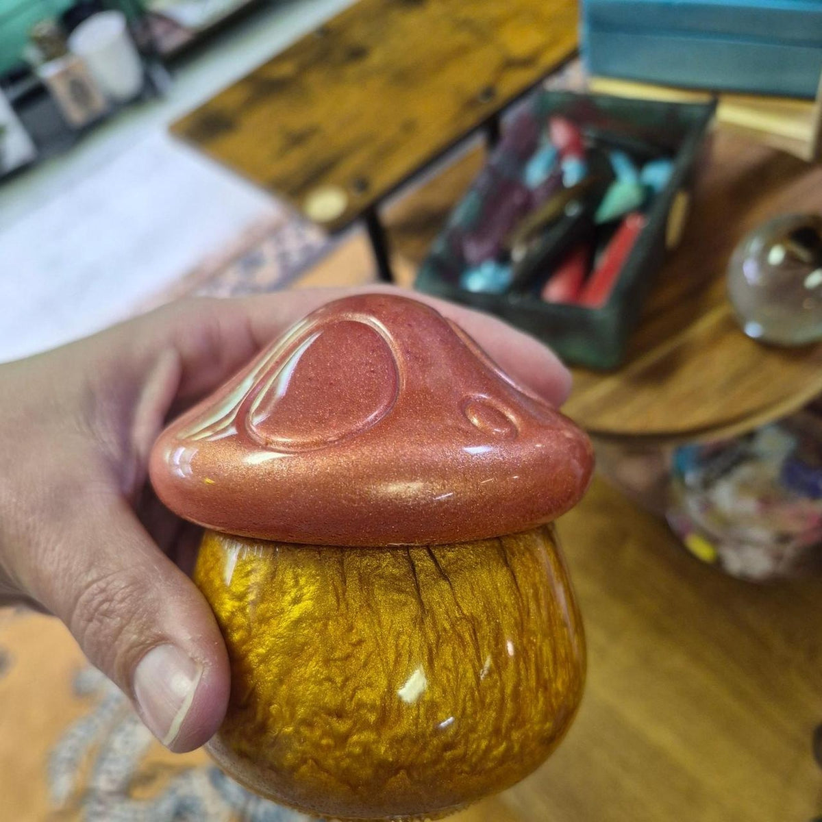 Handmade glass mushroom jar with