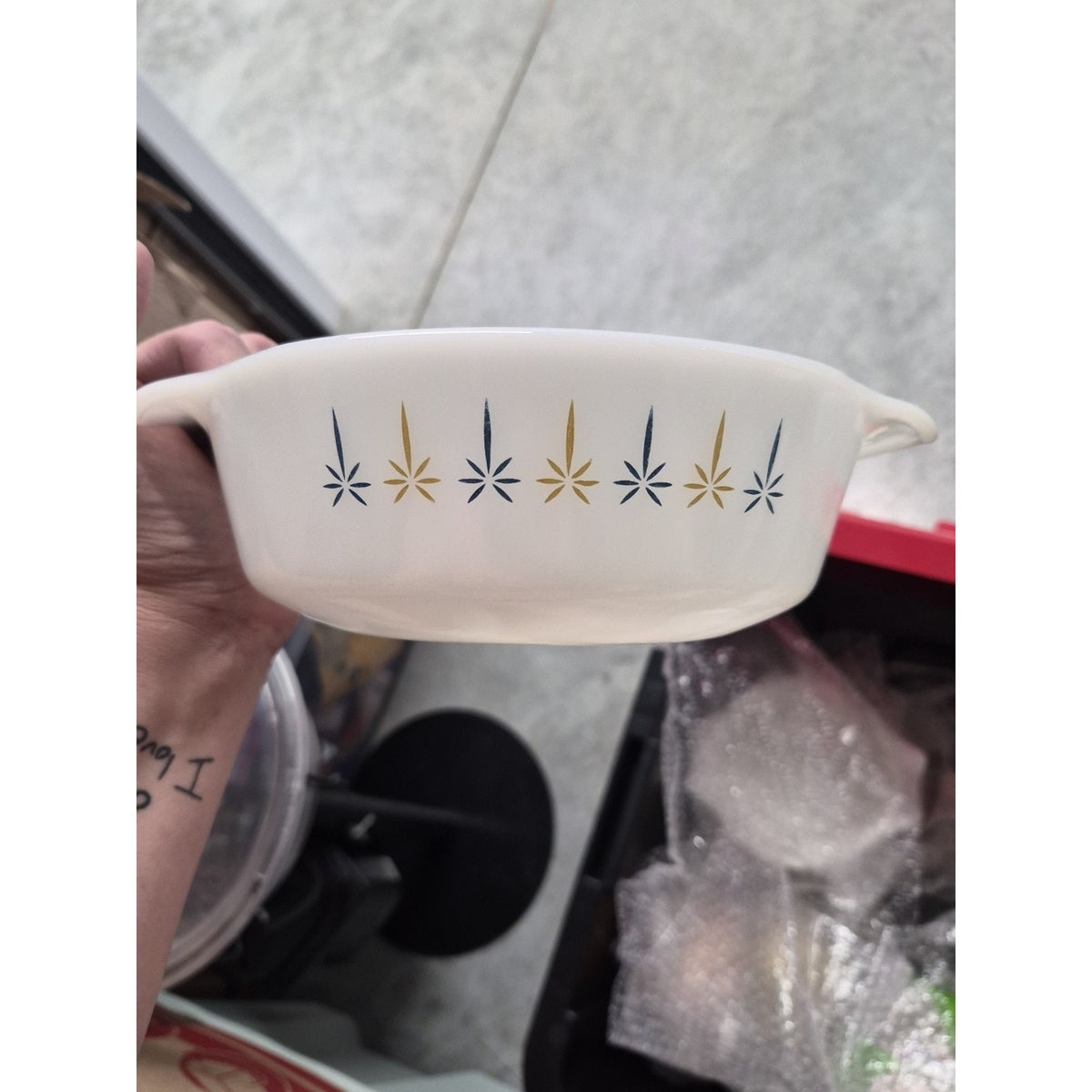 Fire-King Milk Glass Handled Bowl Gold Starburst White MCM 1957 MPN 437