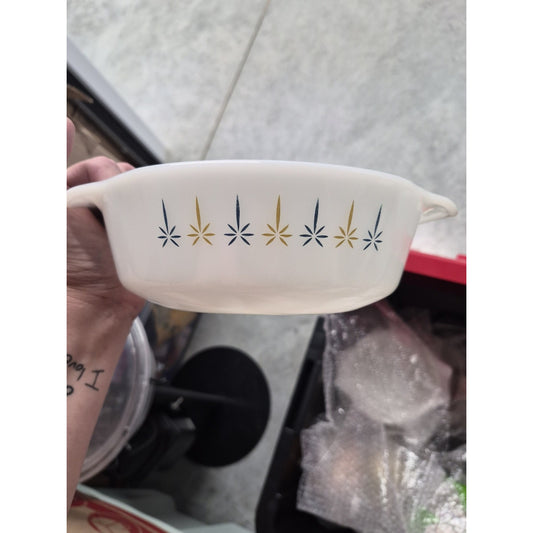 Fire-King Milk Glass Handled Bowl Gold Starburst White MCM 1957 MPN 437