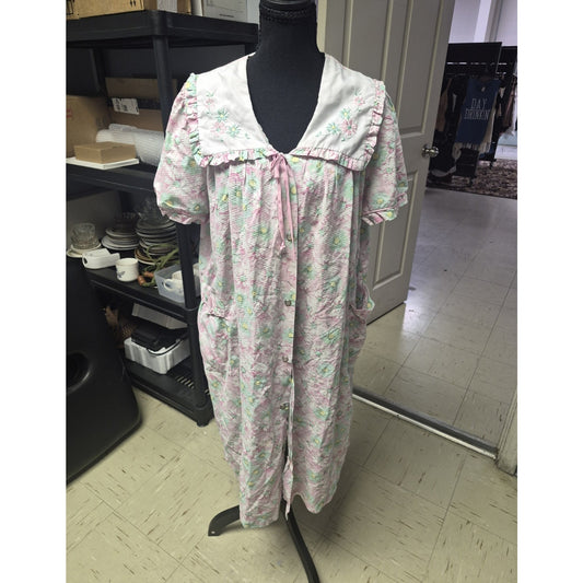 Bobbie Brooks Pink Floral Cotton Button Gown Short Sleeve V-Neck Ruffle S
